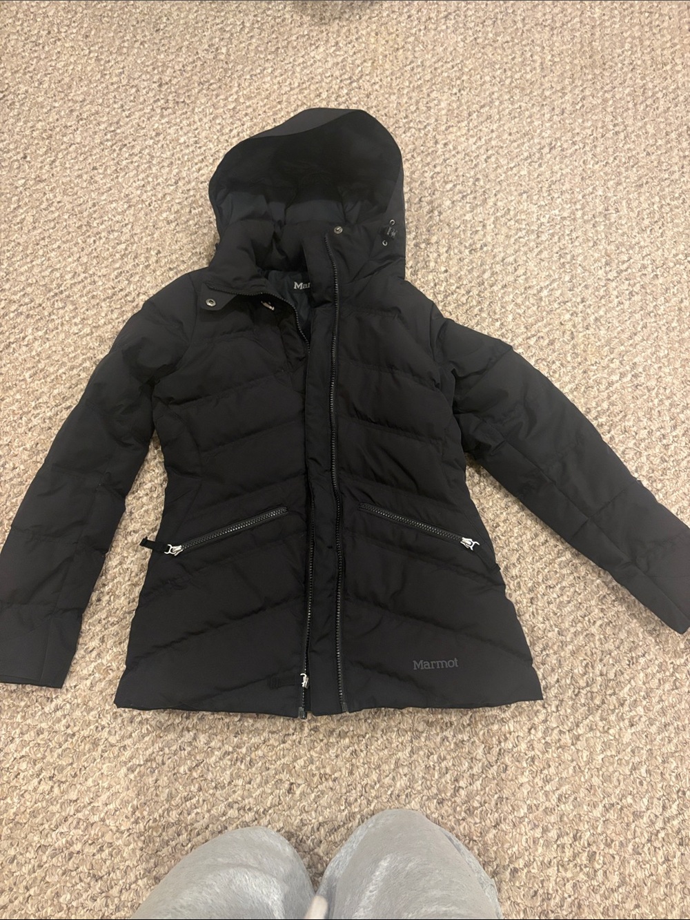 Marmot Black Quilted Hooded Down-Style Bomber Jacket